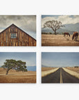 The Offley Green Set of 4 Canvas offers eco-friendly, rustic-themed prints: a barn roof with a window, grazing horses near a mountain tree, a lone tree in a golden field, and an infinite road view capturing nature’s serene beauty.