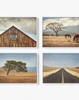 Collage of four images: a weathered wooden barn roof with a window, two horses grazing by a lone tree, a single tree in golden landscape, and an open countryside road. The Set of 4 Framed Canvas 24x30 from Offley Green beautifully captures nature's essence. Choose from multiple combinations!.