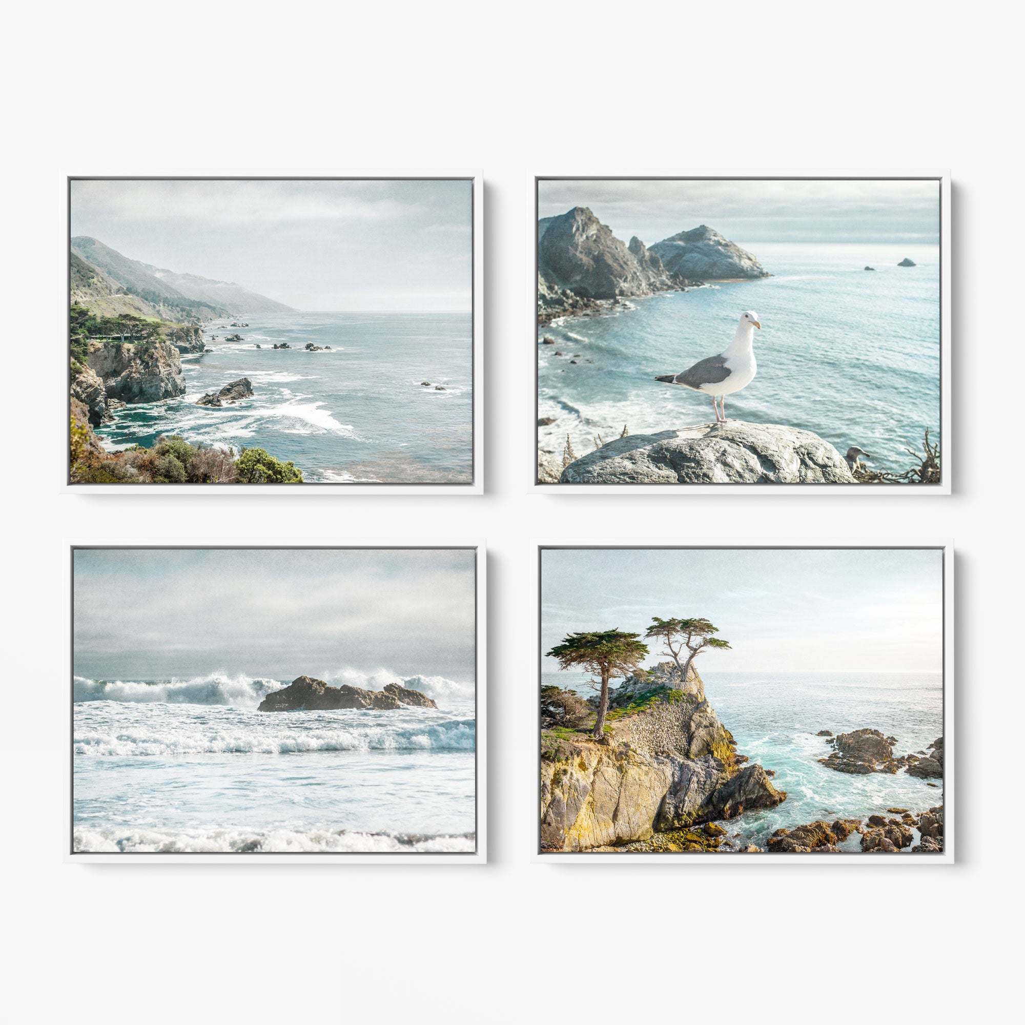 Offley Green's Set of 4 Framed Canvas 24x30 captures coastal landscapes, with rocky shores, waves, and a seagull. Two images feature cypress trees on cliffs, while others showcase the ocean's rugged beauty under a cloudy sky for a harmonious blend of nature's artistry.