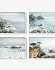 Offley Green's Set of 4 Framed Canvas 24x30 captures coastal landscapes, with rocky shores, waves, and a seagull. Two images feature cypress trees on cliffs, while others showcase the ocean's rugged beauty under a cloudy sky for a harmonious blend of nature's artistry.