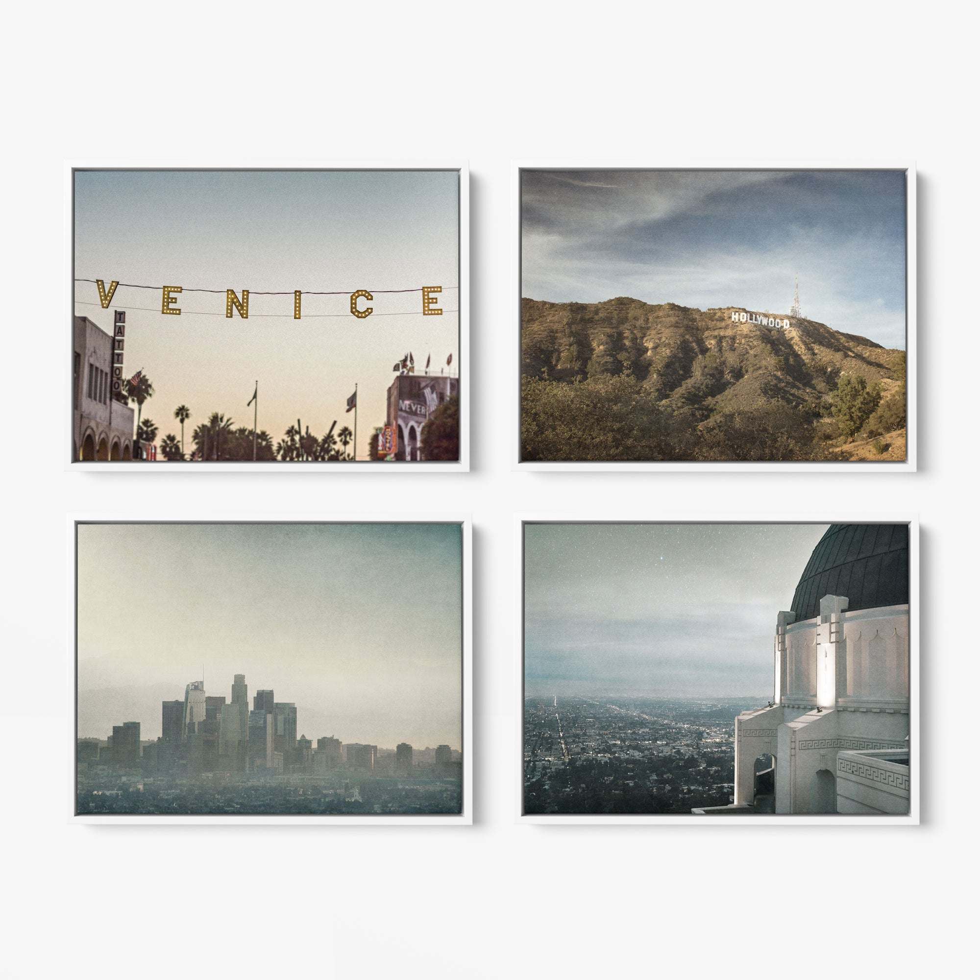 Offley Green offers a set of four 24x30 framed canvas prints, including "Venice" with palm trees, Hollywood sign on a hillside, Los Angeles skyline in a hazy sunset, and Griffith Observatory overlooking the city. Choose from multiple combinations.
