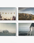 Offley Green offers a set of four 24x30 framed canvas prints, including "Venice" with palm trees, Hollywood sign on a hillside, Los Angeles skyline in a hazy sunset, and Griffith Observatory overlooking the city. Choose from multiple combinations.