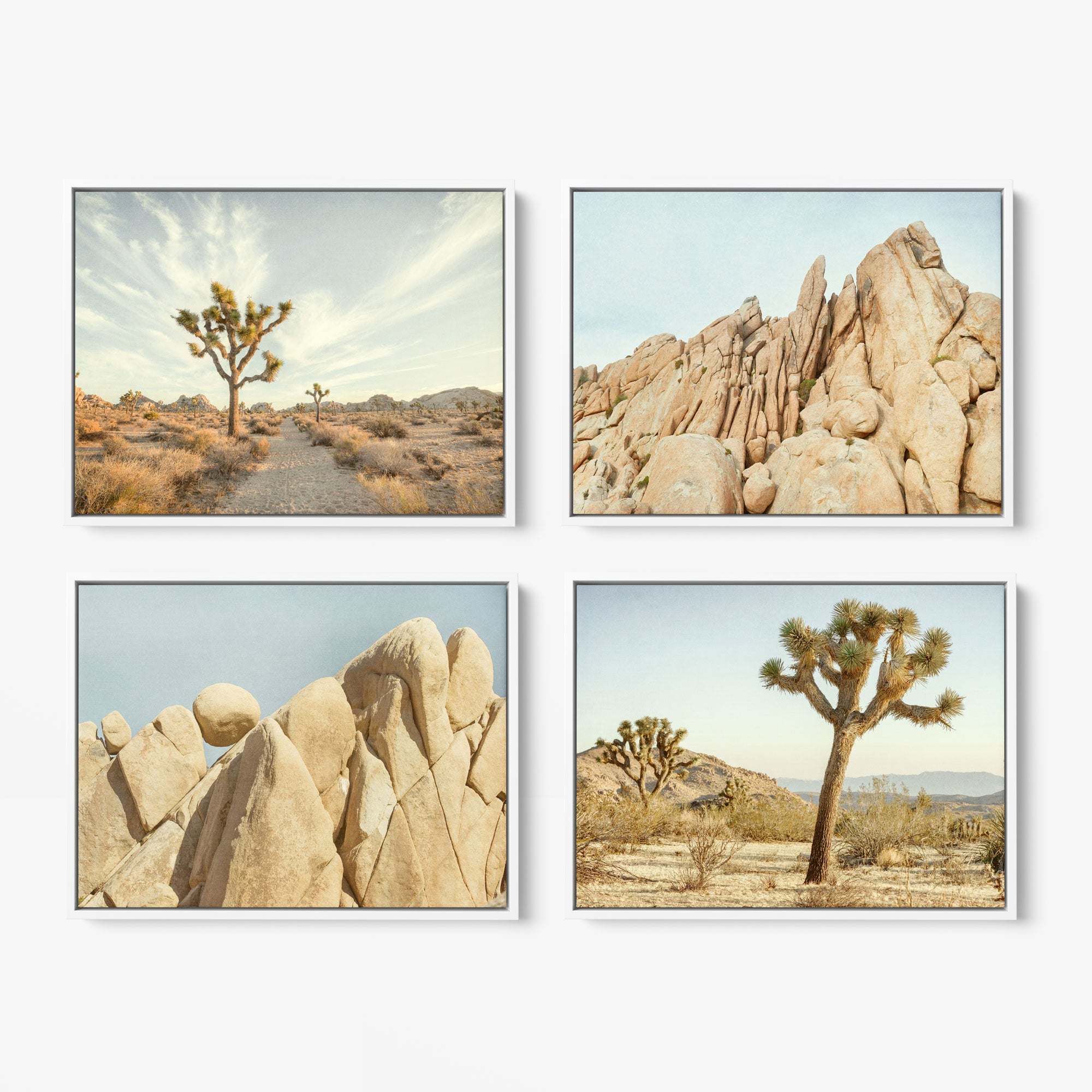 Offley Green offers a set of 4 framed canvas prints (24x30) featuring desert scenes: a Joshua tree under clouds, rugged rock formations, smooth rocks, and another Joshua tree with mountains in the background.
