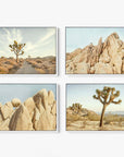 Offley Green offers a set of 4 framed canvas prints (24x30) featuring desert scenes: a Joshua tree under clouds, rugged rock formations, smooth rocks, and another Joshua tree with mountains in the background.