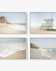 Offley Green offers a Set of 4 Framed Canvas 24x30 featuring beach scenes: a sandy beach with a rocky cliff, a lifeguard tower, waves on the shore, and beachside houses. Sourced from renewable forests for sustainability.