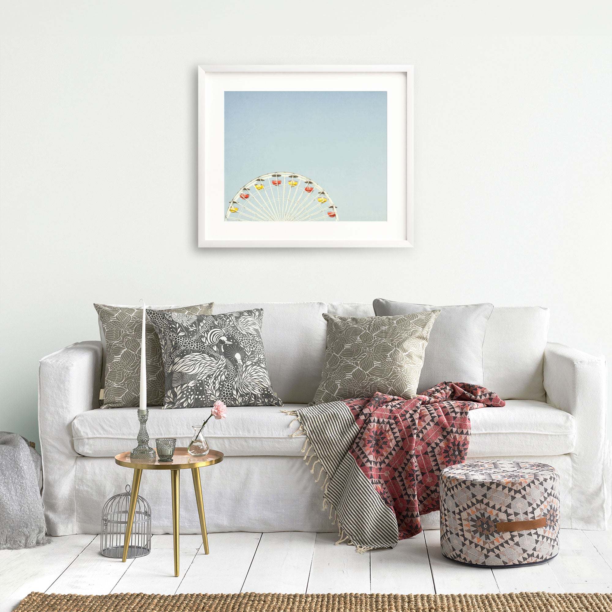Ferris wheel print in a white frame living room wall art