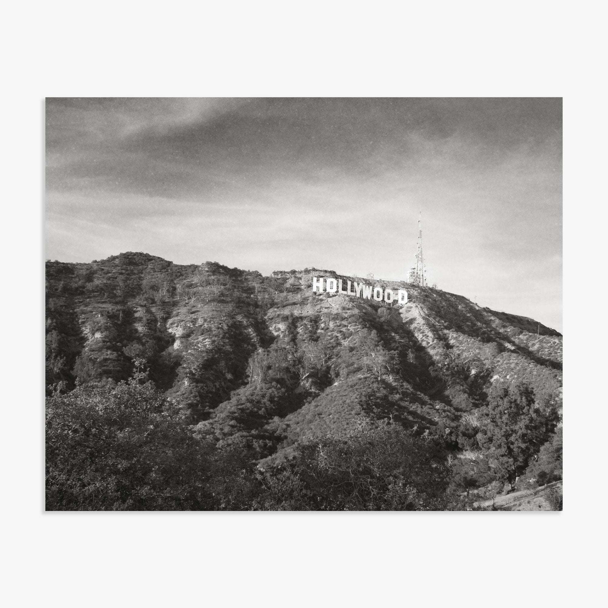 Black and white photograph of the Hollywood Sign Black and White Vintage Print, &#39;Old Hollywood&#39; on a hill, printed on archival photographic paper, with textured clouds above and lush foliage covering the slopes by Offley Green.