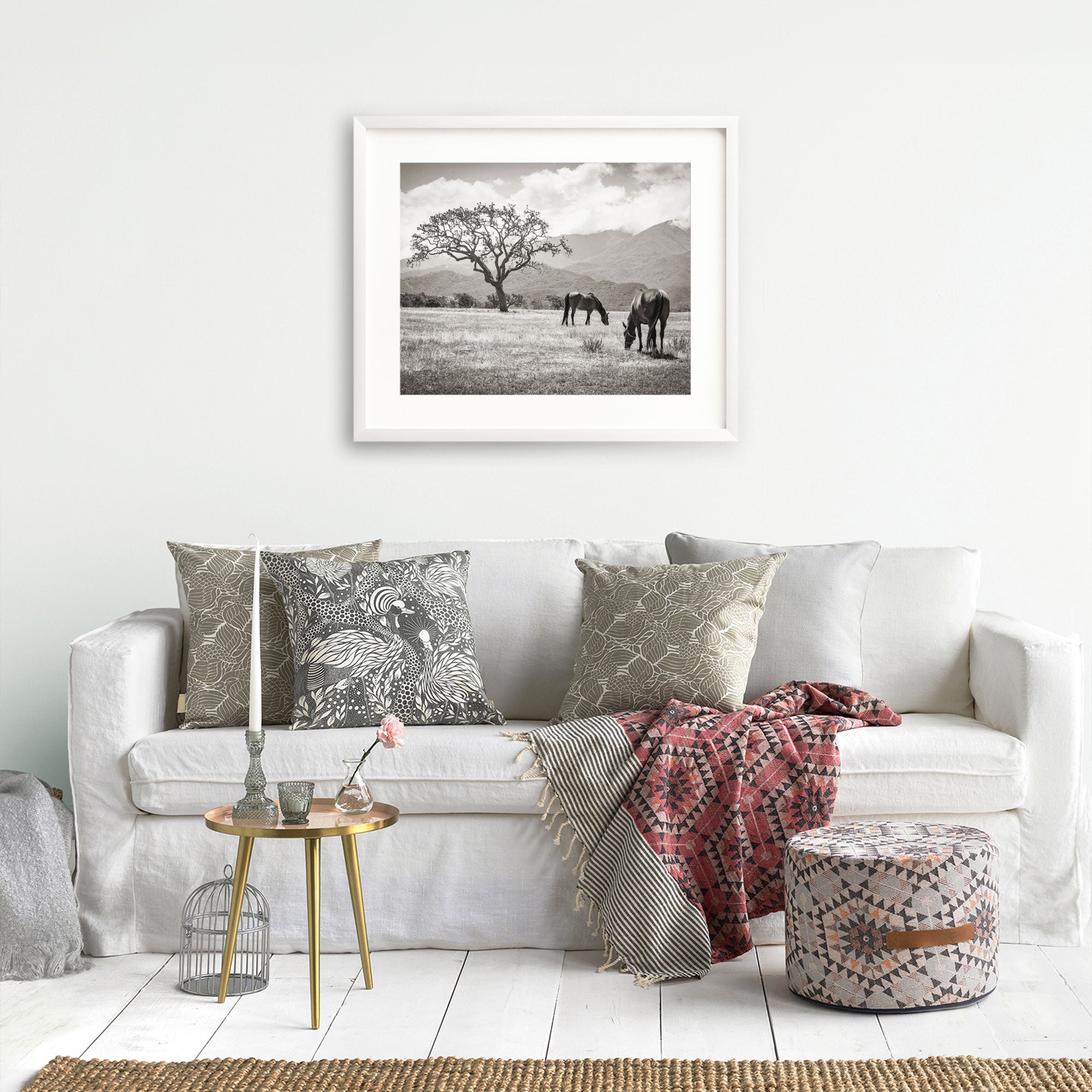 Rustic Print of Horses in a Field, 'Santa Ynez Horses (Black and White)'