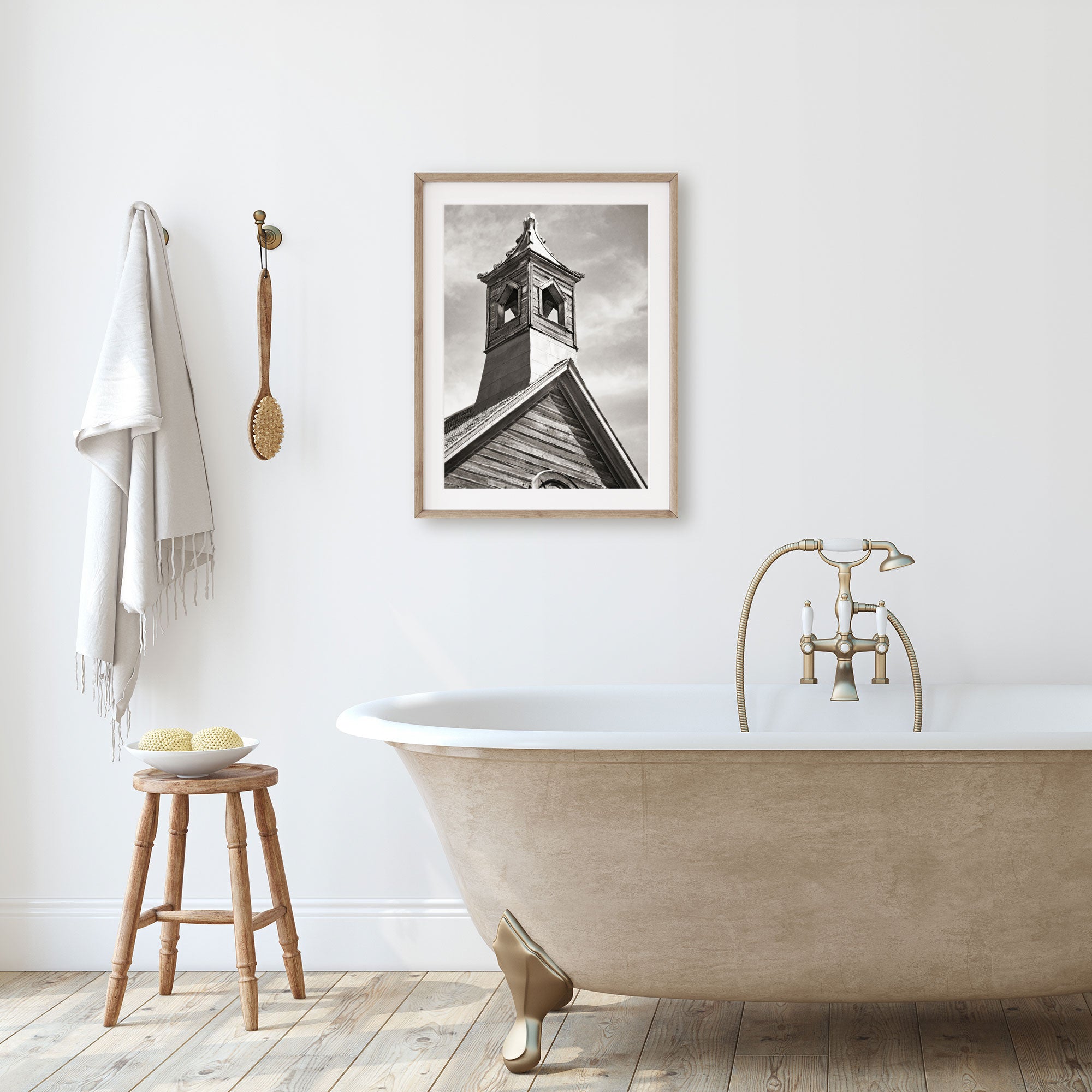 Rustic Farmhouse Wall Art, 'Old Church Tower (Black & White)'