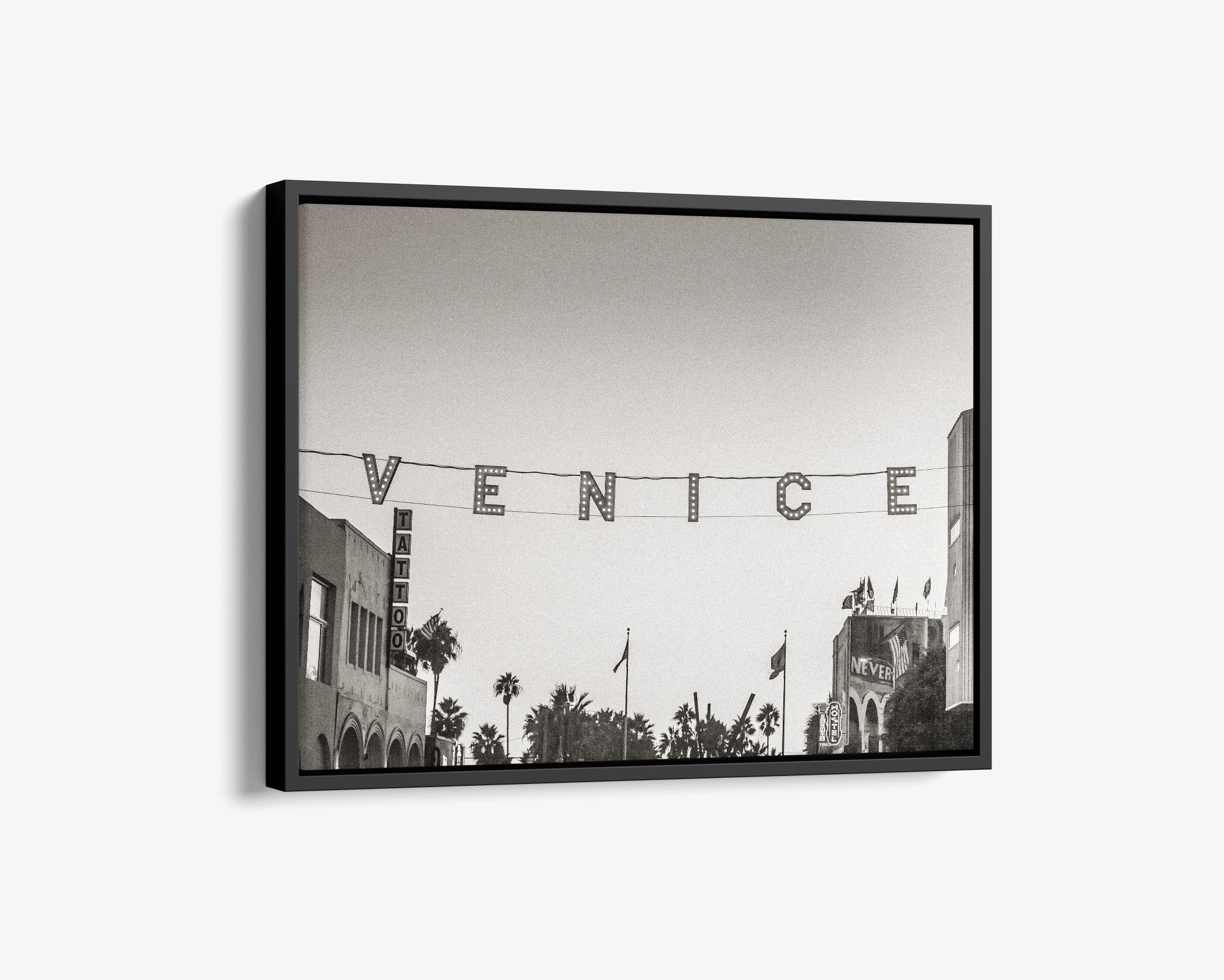 California Venice Beach Sign Canvas Wall Art, 'Venice Sunset (Black & White)'