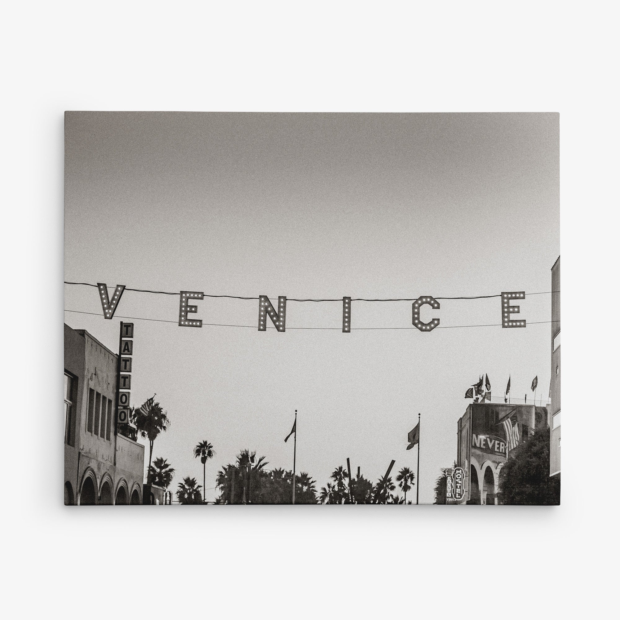 California Venice Beach Sign Canvas Wall Art, 'Venice Sunset (Black & White)'