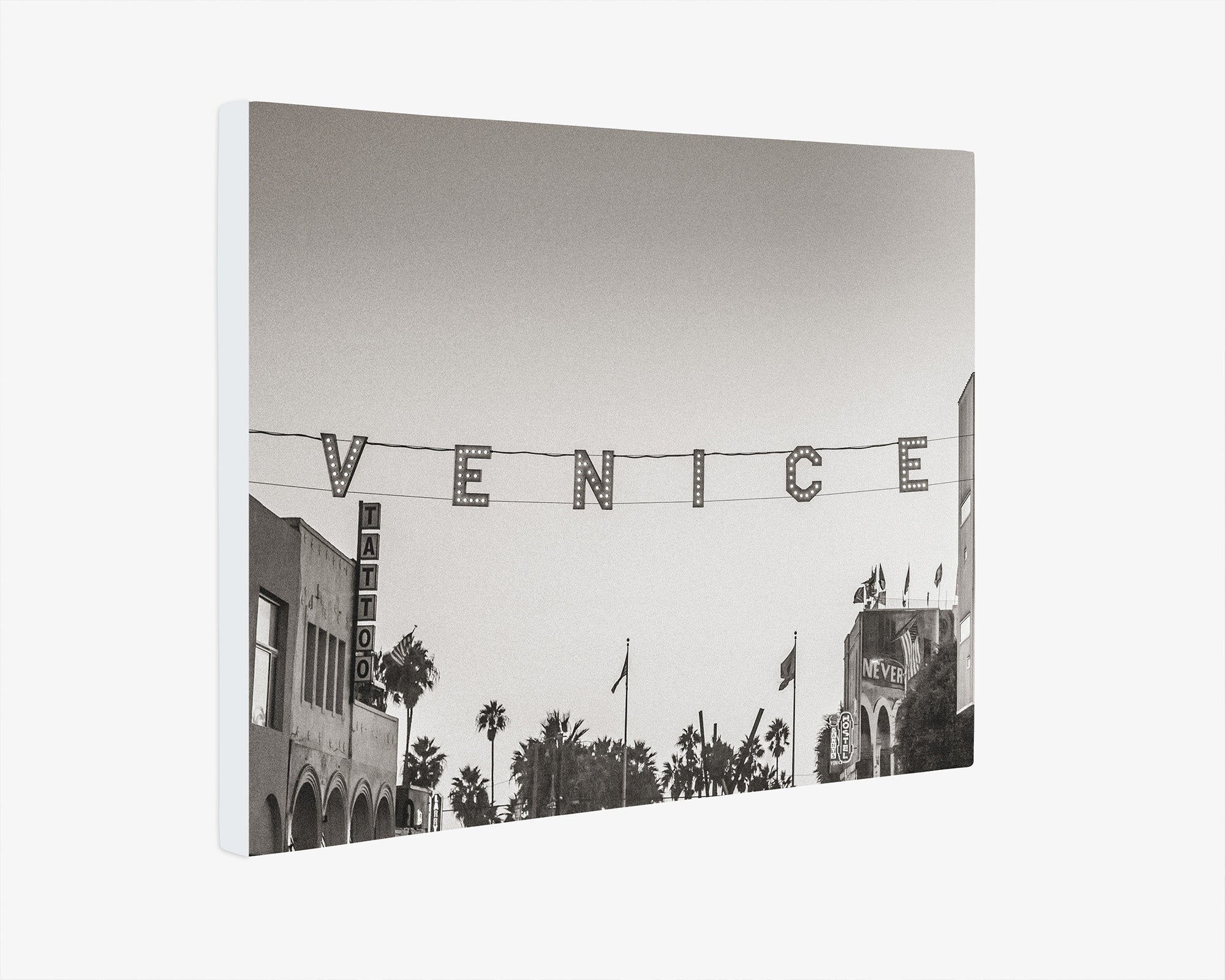 California Venice Beach Sign Canvas Wall Art, 'Venice Sunset (Black & White)'