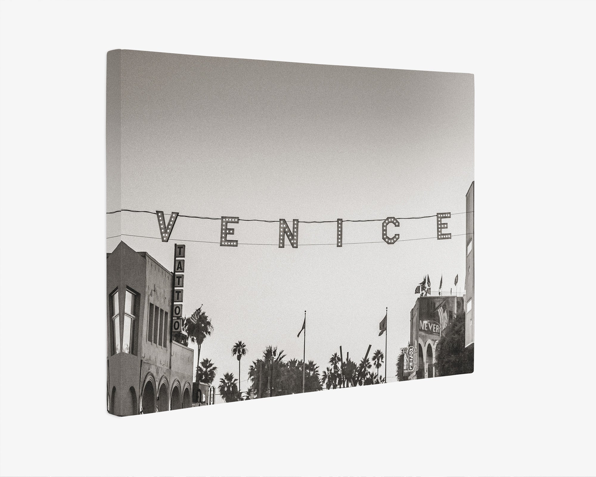 California Venice Beach Sign Canvas Wall Art, 'Venice Sunset (Black & White)'