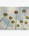 A cluster of tall palm trees are viewed from below, their fronds stretching towards the blue sky with a few wispy clouds. The perspective emphasizes the height of the palm trees, creating a serene and tropical atmosphere—perfect for Offley Green's 16x20 California Canvas Print (Choose from 10+ Designs).