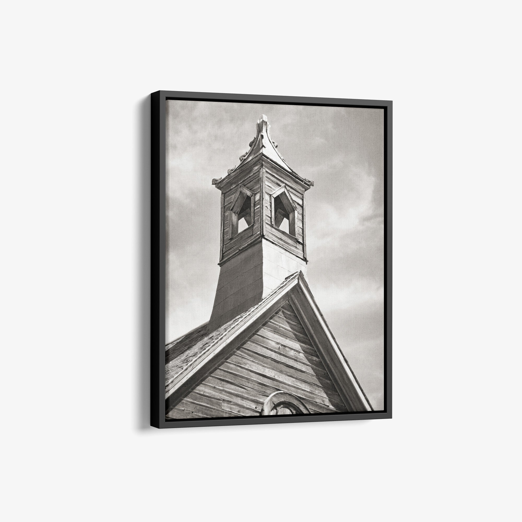 Rustic American West Farmhouse Canvas Art, 'Old Church Tower (Black & White)'