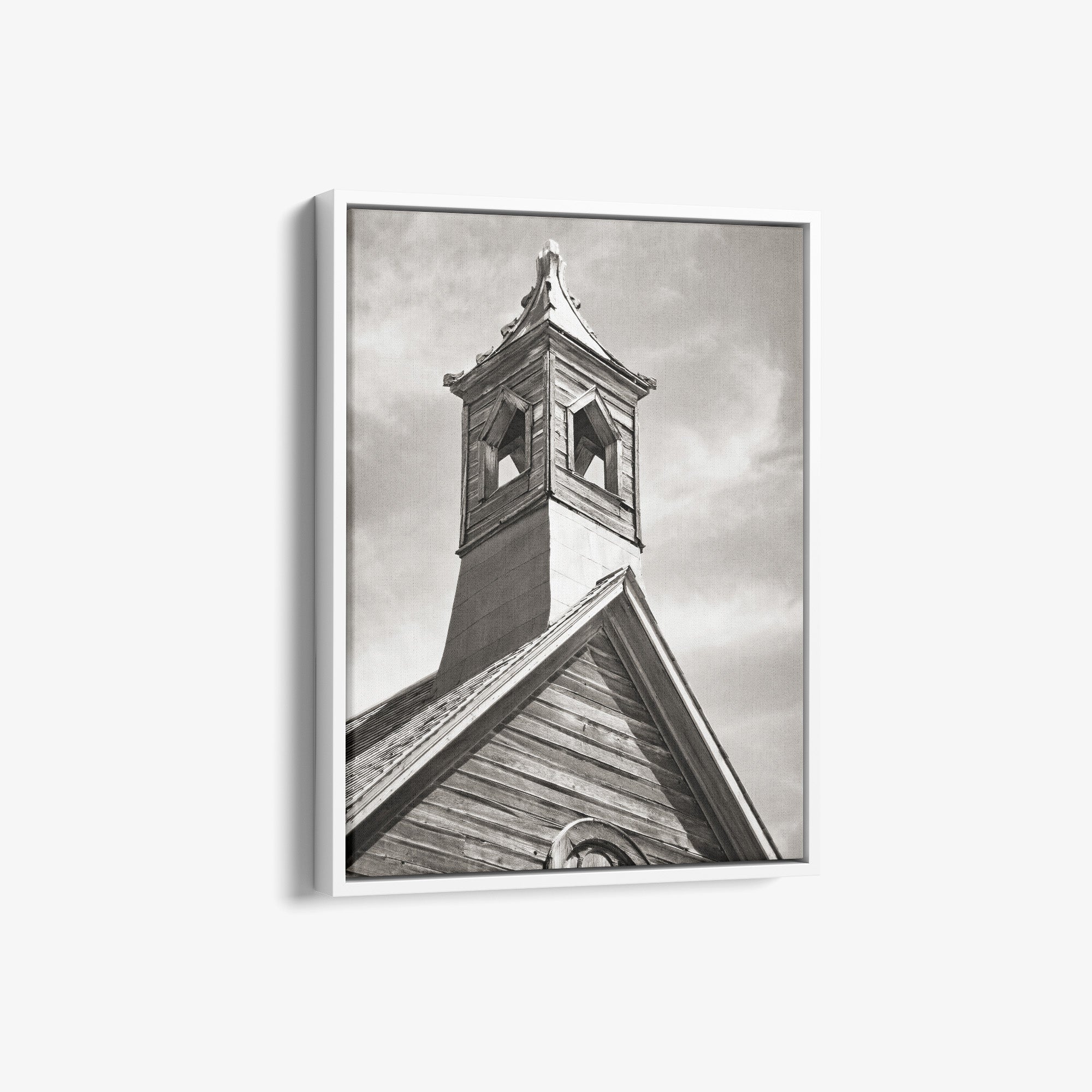 Rustic American West Farmhouse Canvas Art, 'Old Church Tower (Black & White)'
