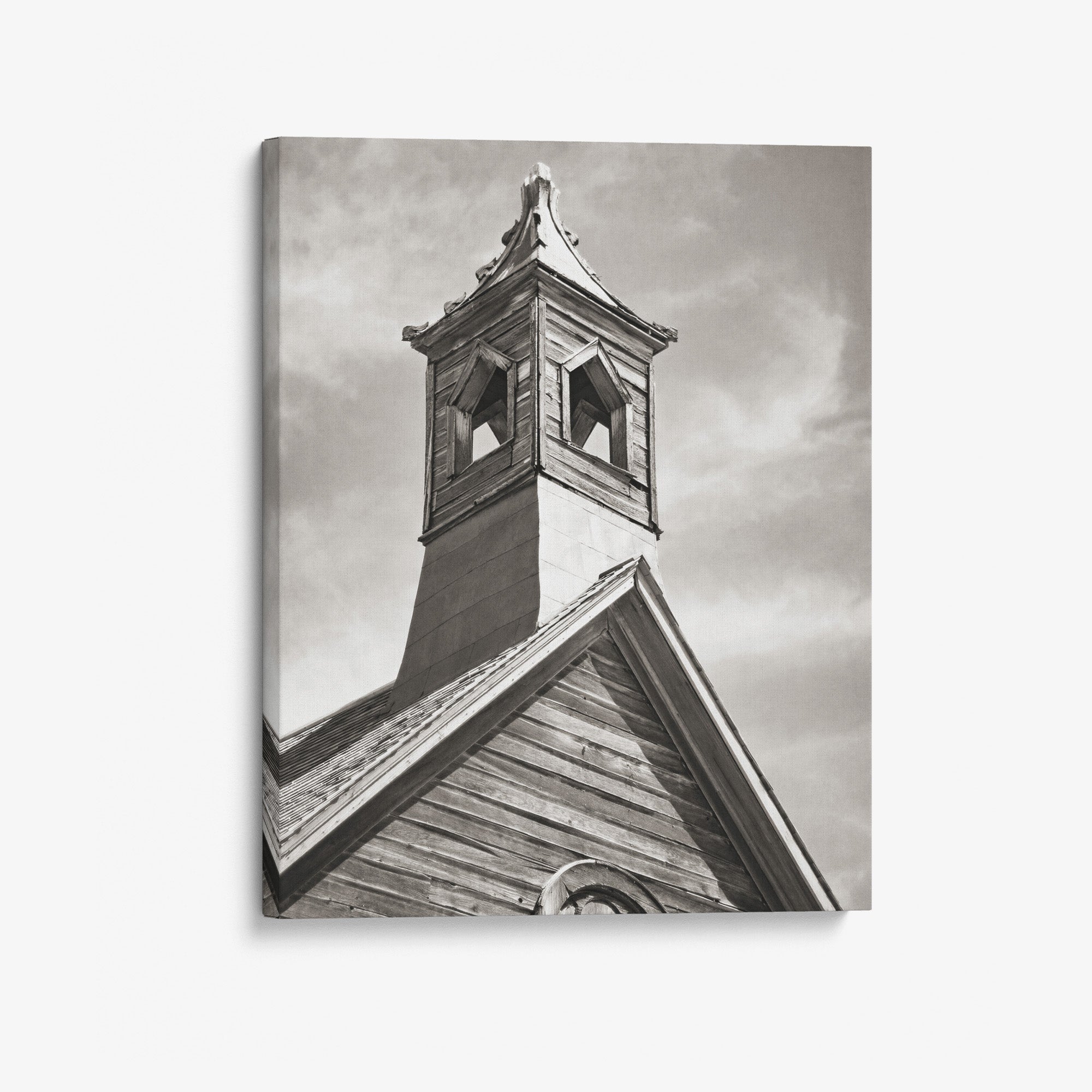 Rustic American West Farmhouse Canvas Art, 'Old Church Tower (Black & White)'