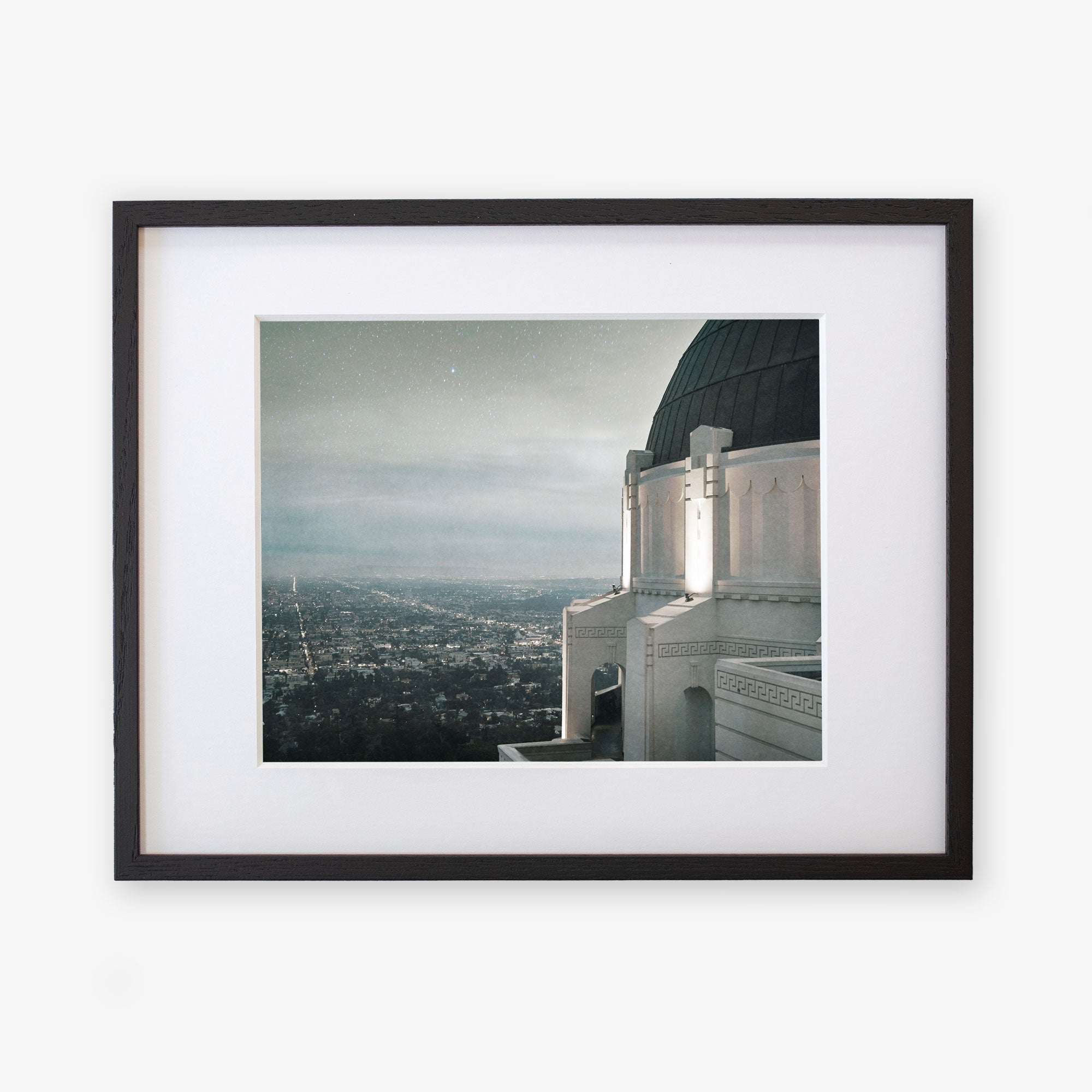 Framed archival photographic print of Offley Green's 'The Sky At Night' Griffith Observatory Print at dusk overlooking the Los Angeles city view with twinkling stars above.