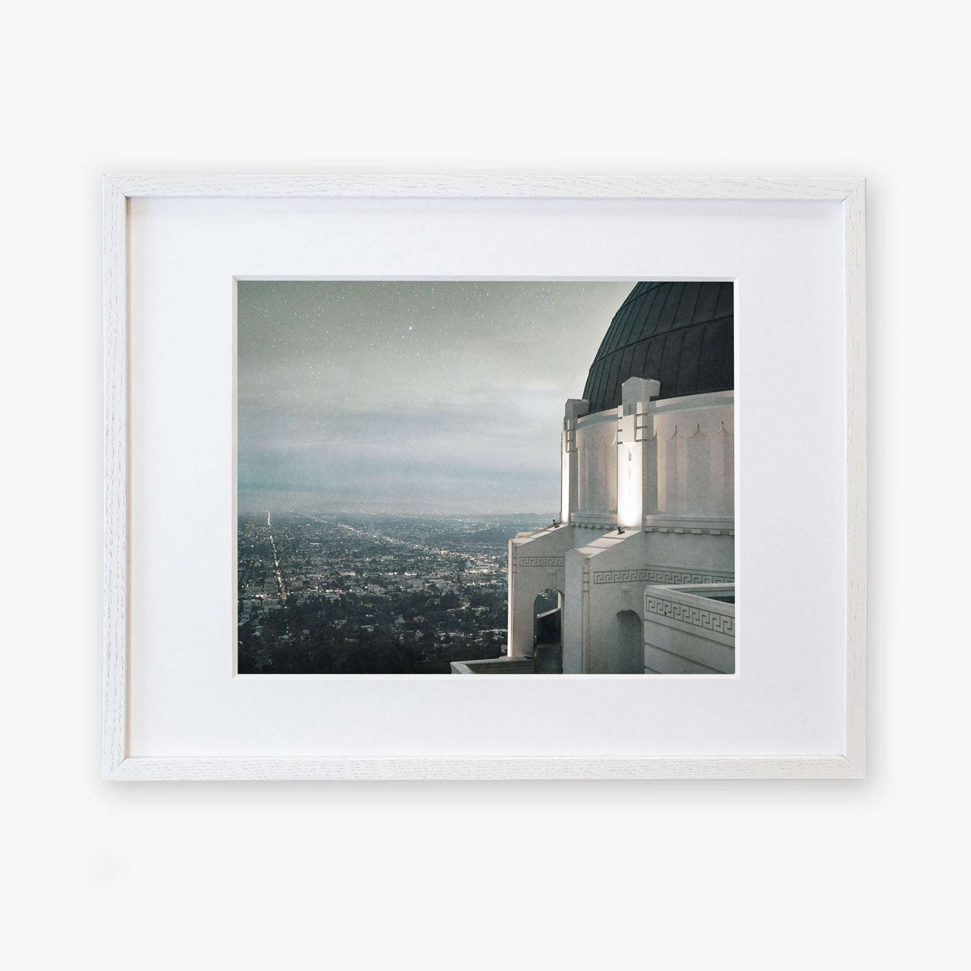 A framed archival photographic Griffith Observatory Print, &#39;The Sky At Night&#39; of a cityscape viewed from a high vantage point at dusk, featuring the prominent Griffith Observatory with a rounded dome in the foreground against a star-speckled sky by Offley Green.