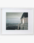 A framed archival photographic Griffith Observatory Print, 'The Sky At Night' of a cityscape viewed from a high vantage point at dusk, featuring the prominent Griffith Observatory with a rounded dome in the foreground against a star-speckled sky by Offley Green.