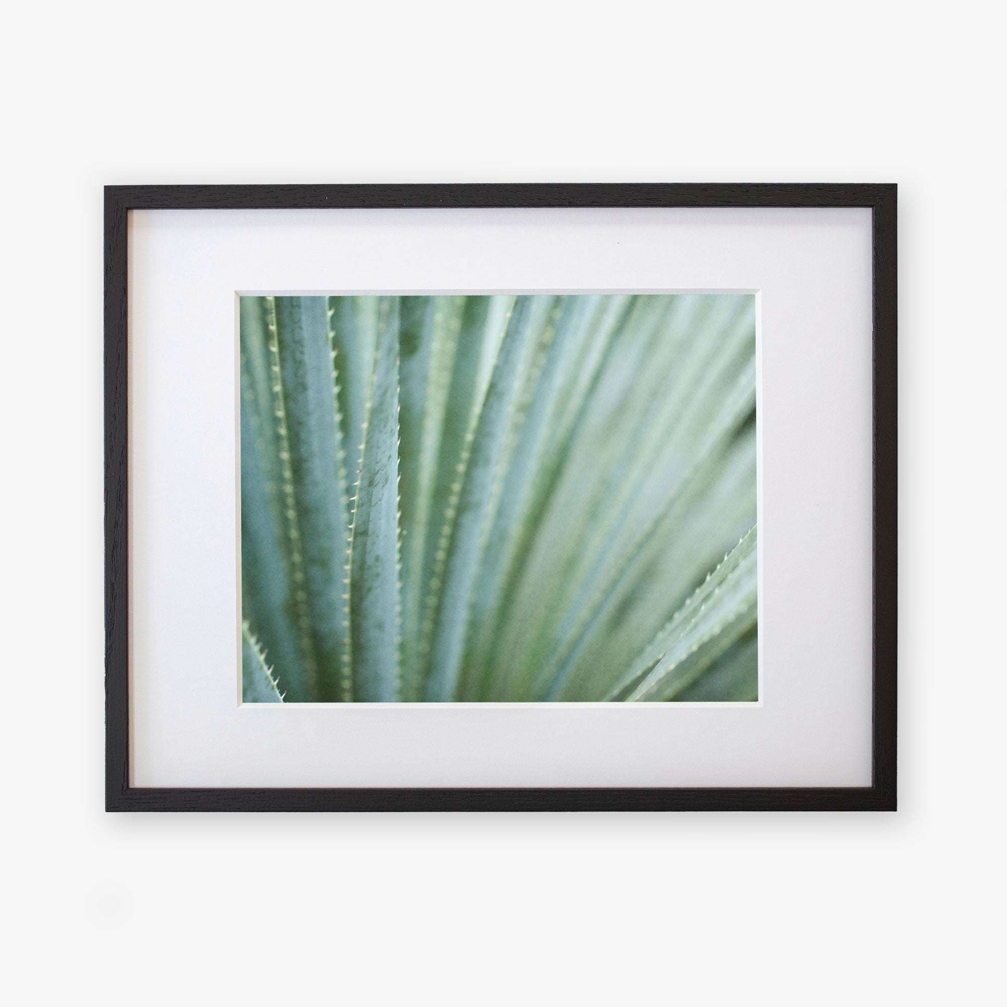 A framed photograph of an Abstract Green Botanical Print, 'Strands and Spikes' by Offley Green, displayed against a white background within a black frame.