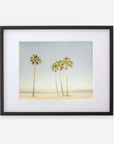 Unframed photograph of five tall palm trees on Venice Beach under a clear sky. The image is printed on archival photographic paper, emphasizing the simplicity and tranquility of the scene. It is the California Beach Palm Tree Print by Offley Green, titled 'Boardwalk Palms'.