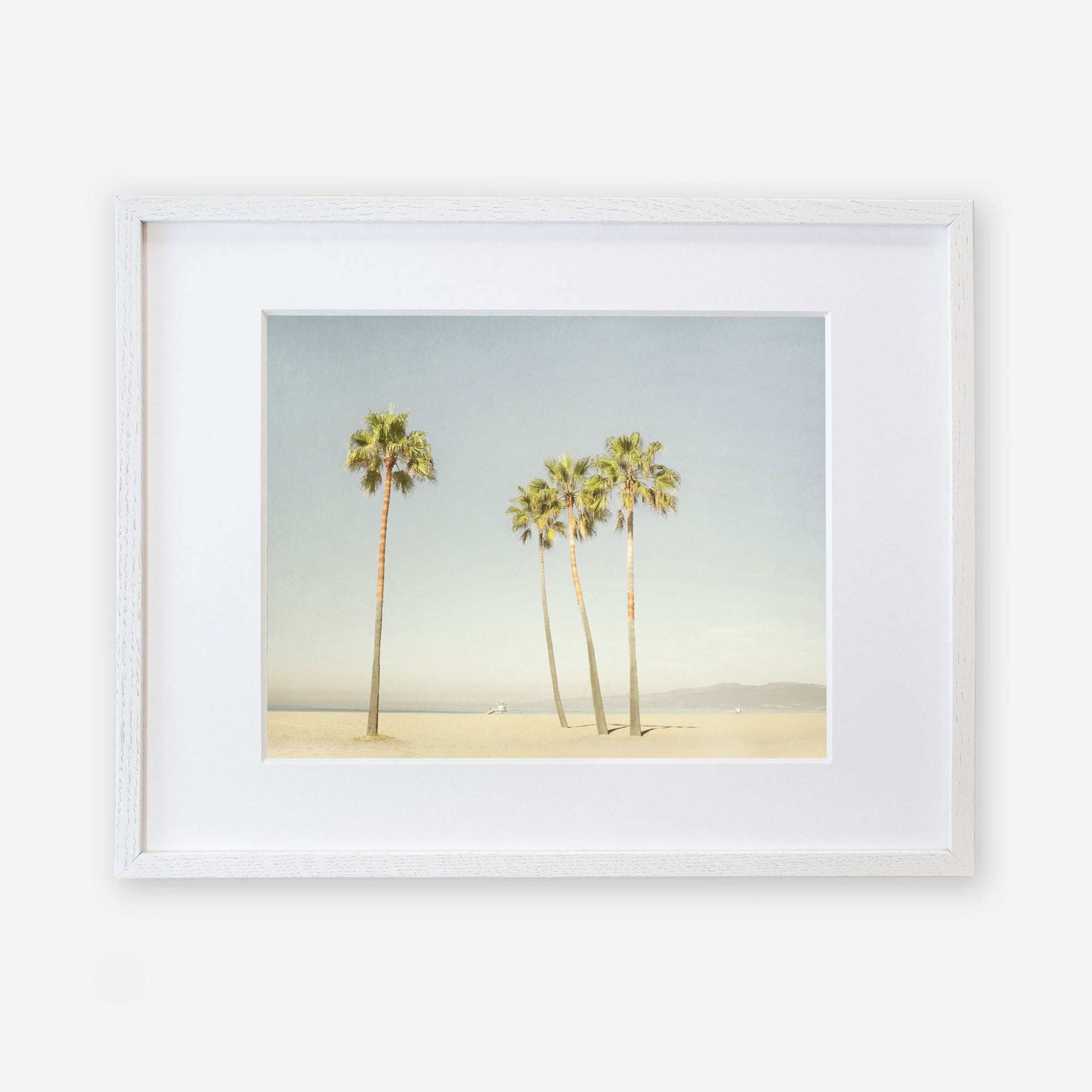 A framed photograph depicting five tall palm trees on a sandy beach under a clear sky, with distant hills barely visible in the background, printed on archival photographic paper. Buy the California Beach Palm Tree Print from Offley Green.
