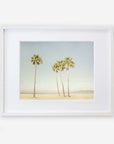 A framed photograph depicting five tall palm trees on a sandy beach under a clear sky, with distant hills barely visible in the background, printed on archival photographic paper. Buy the California Beach Palm Tree Print from Offley Green.