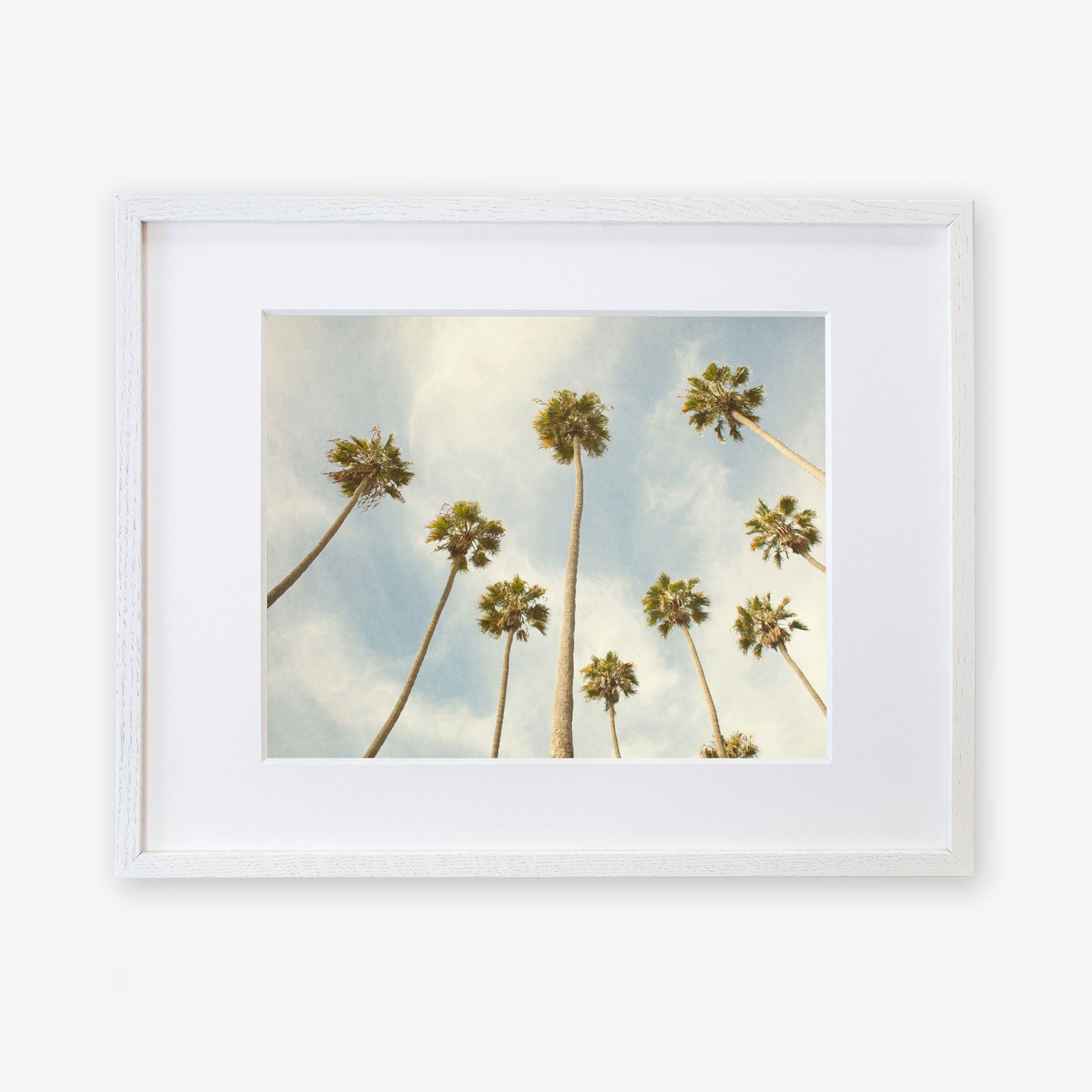 A framed photograph depicting a group of tall California palm trees viewed from below against a clear sky with soft clouds - Offley Green&#39;s Palm Tree Print, California Beach Scene &#39;Reach for the Palms&#39;