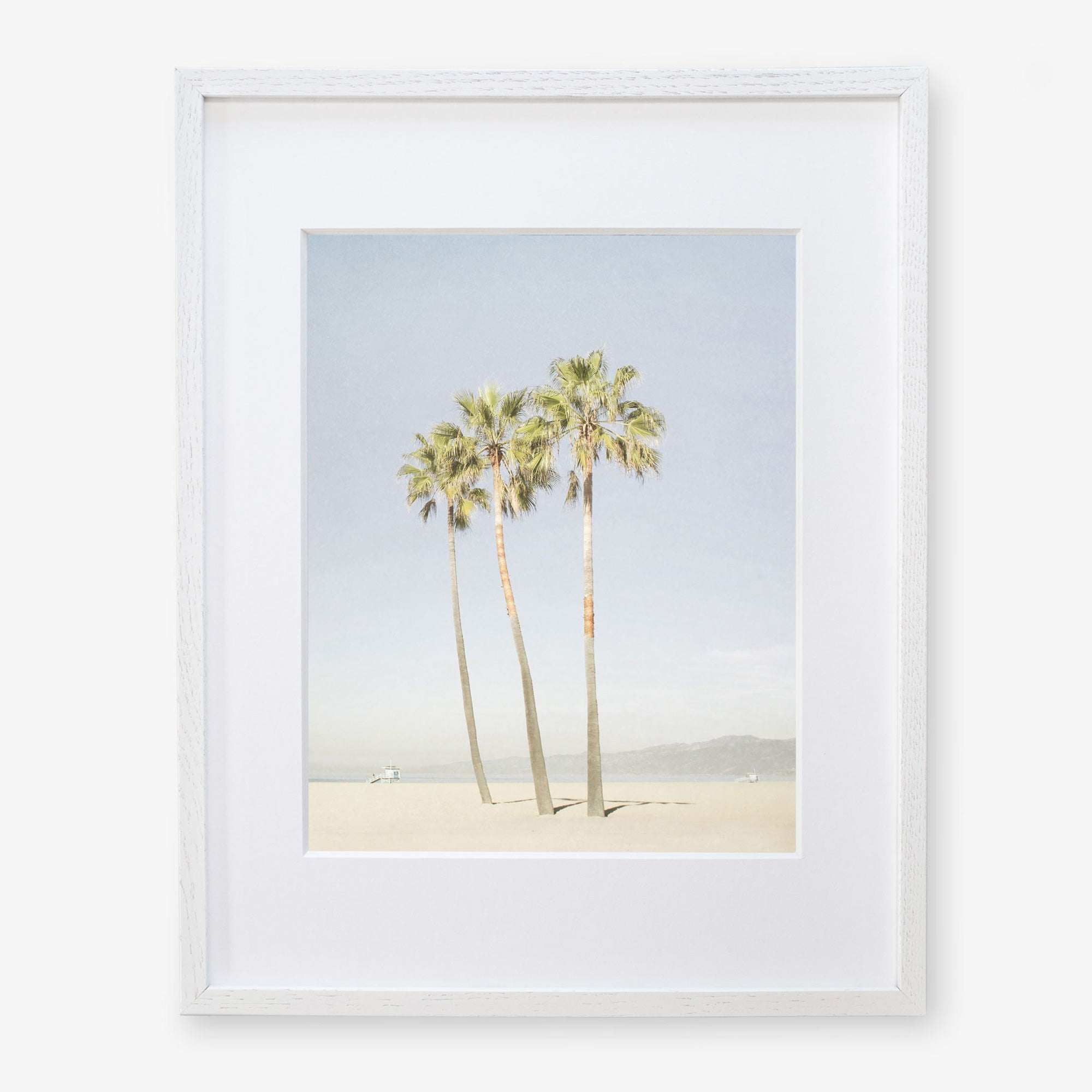 A framed photograph of three tall palm trees under a clear sky, taken at Venice Beach, with a sandy beach and distant hills visible at the base of the palms - Offley Green California Venice Beach Print, 'Three Palms'.