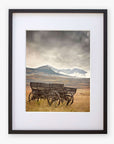 The Offley Green 'Old Wagon' Rustic Farmhouse Wall Art captures a serene scene of a weathered wagon in an open field, accentuated by snow-capped mountains and a cloudy sky for timeless charm.