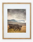 The "Old Wagon" by Offley Green is a Rustic Farmhouse Wall Art featuring a high-quality photograph of two wooden wagons, with one slightly weathered, on grassy plains under cloudy skies. Snow-capped mountains in the background add rustic charm, and it's elegantly framed with light wood and white matting.