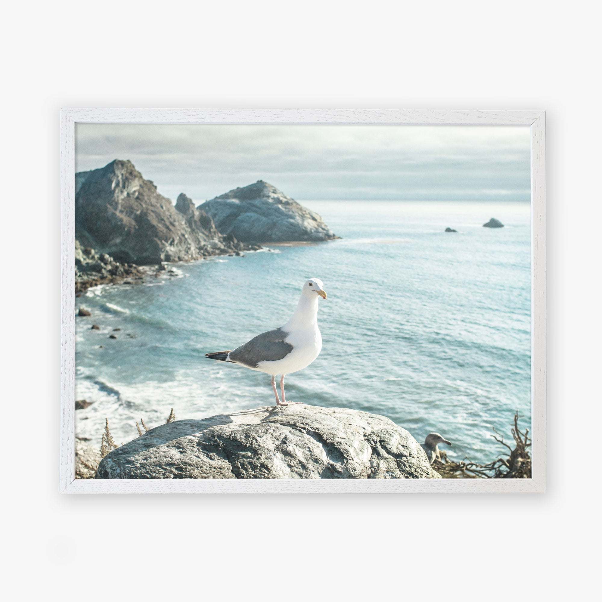 A seagull stands on a rocky outcrop overlooking a serene coastline with jagged cliffs and calm blue waters under a hazy sky, captured on archival photographic paper as if in a Big Sur Landscape Print by Offley Green.