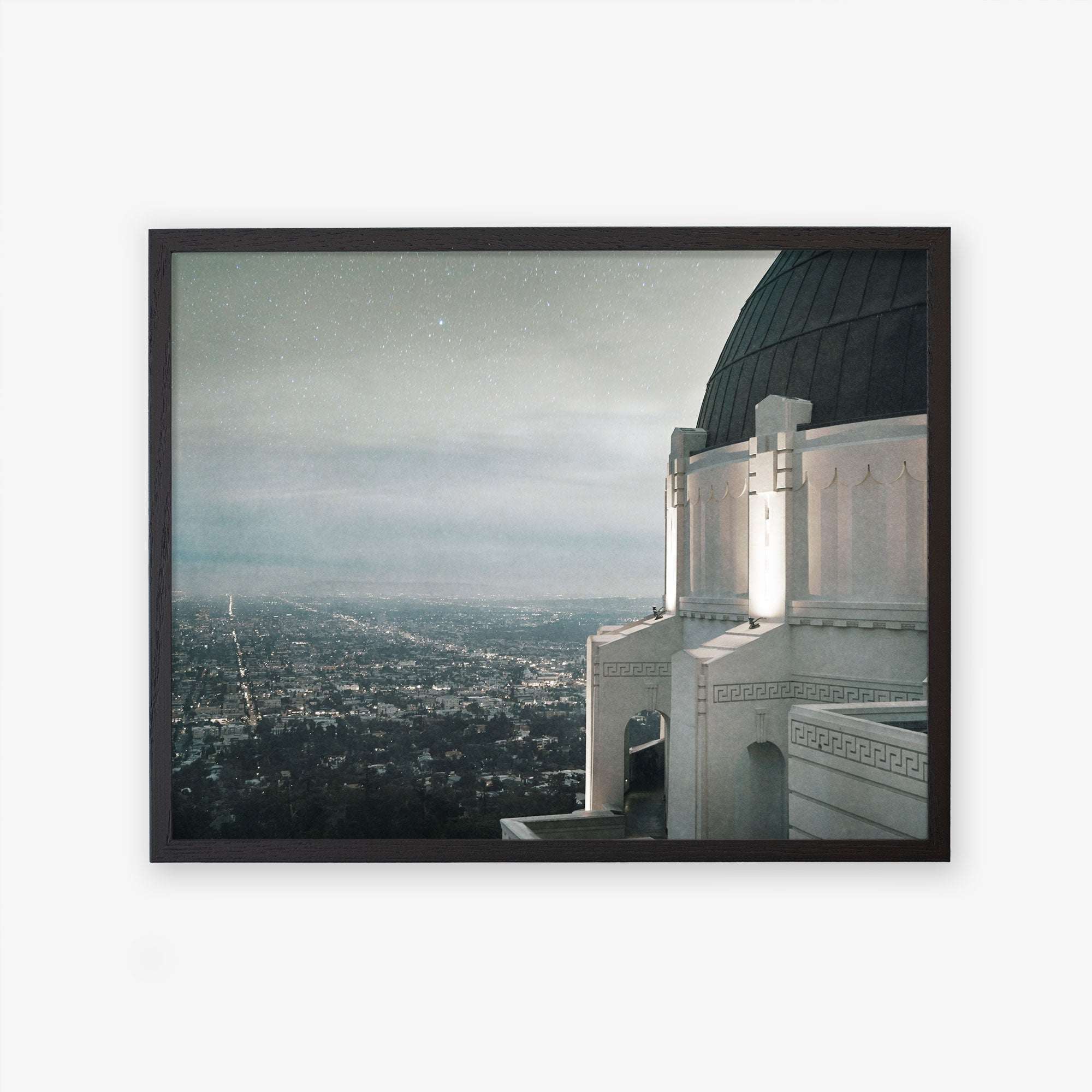 A framed archival photographic print of Offley Green&#39;s Griffith Observatory Print, &#39;The Sky At Night&#39; dome overlooking the Los Angeles cityscape at twilight, with twinkling stars visible in the sky and city lights spread out below.