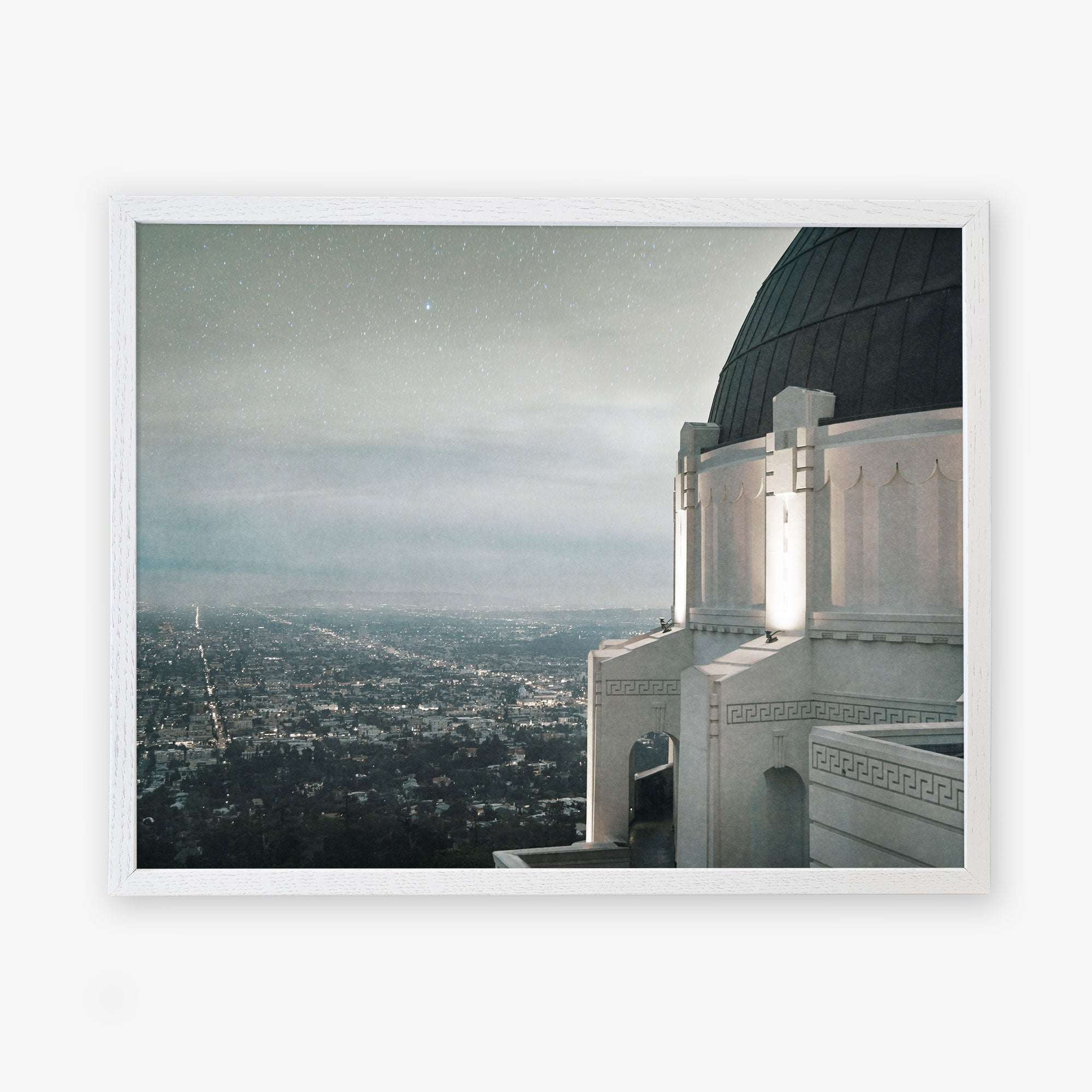 A night scene framed by the Offley Green Griffith Observatory Print, &#39;The Sky At Night&#39; overlooking a sprawling Los Angeles cityscape illuminated by numerous lights under a starry sky.