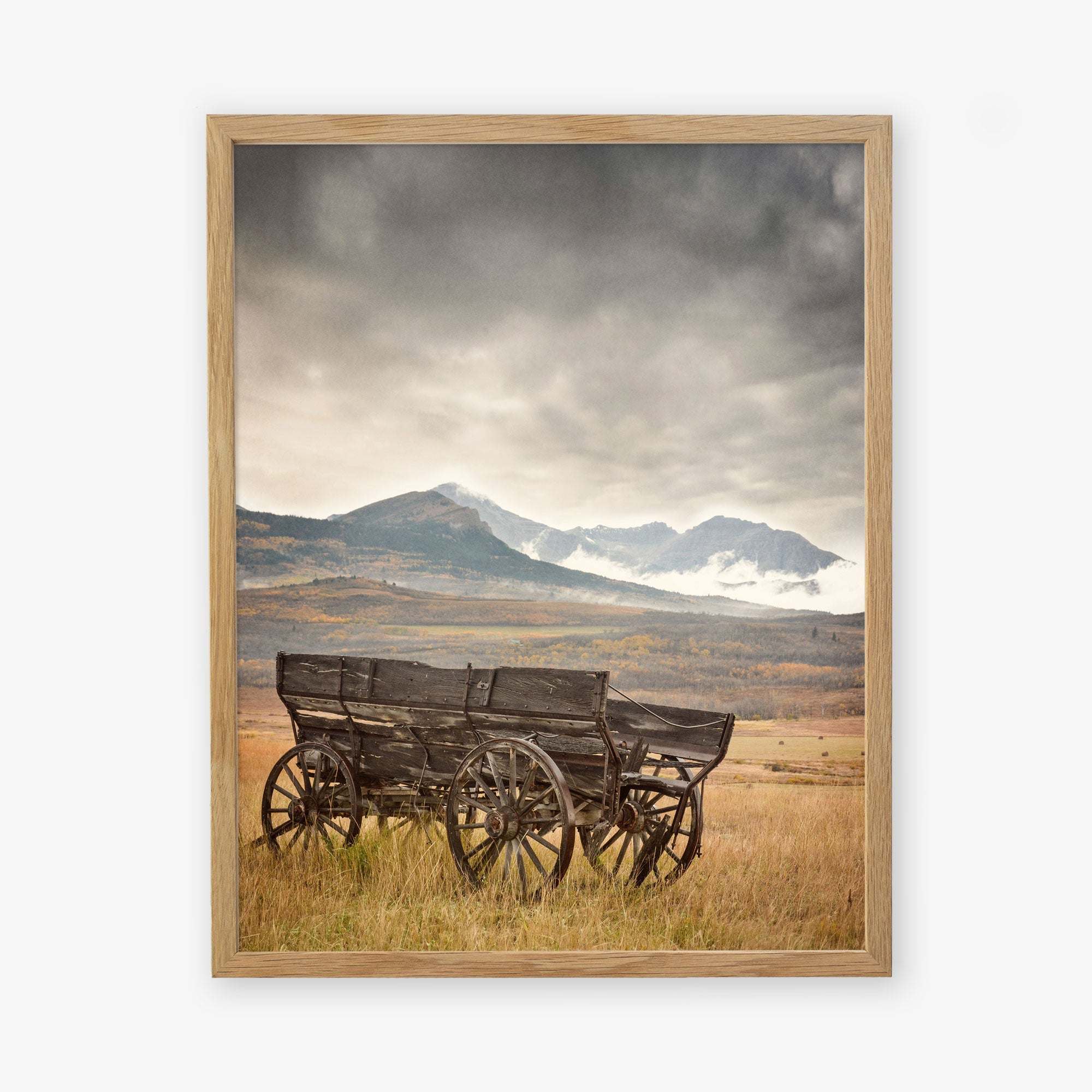 The "Rustic Farmhouse Wall Art, 'Old Wagon'" by Offley Green features a framed image of a weathered wooden wagon in a grassy field, set against rolling hills and snow-capped mountains beneath a cloudy sky.
