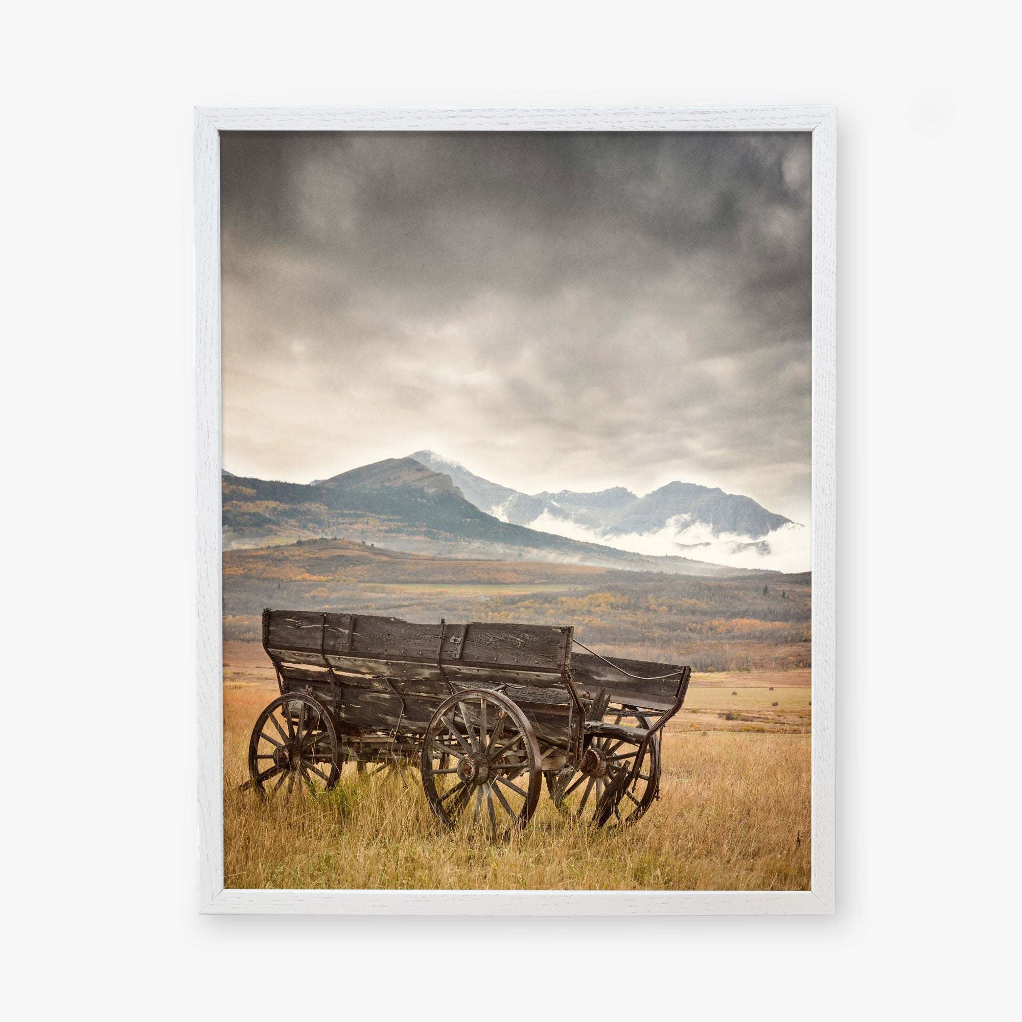 Offley Green's "Rustic Farmhouse Wall Art, 'Old Wagon'" beautifully captures a ruined wagon on grassy plains under a cloudy sky with snow-capped mountains in the background, adding rustic charm to this dramatic landscape on photographic paper.