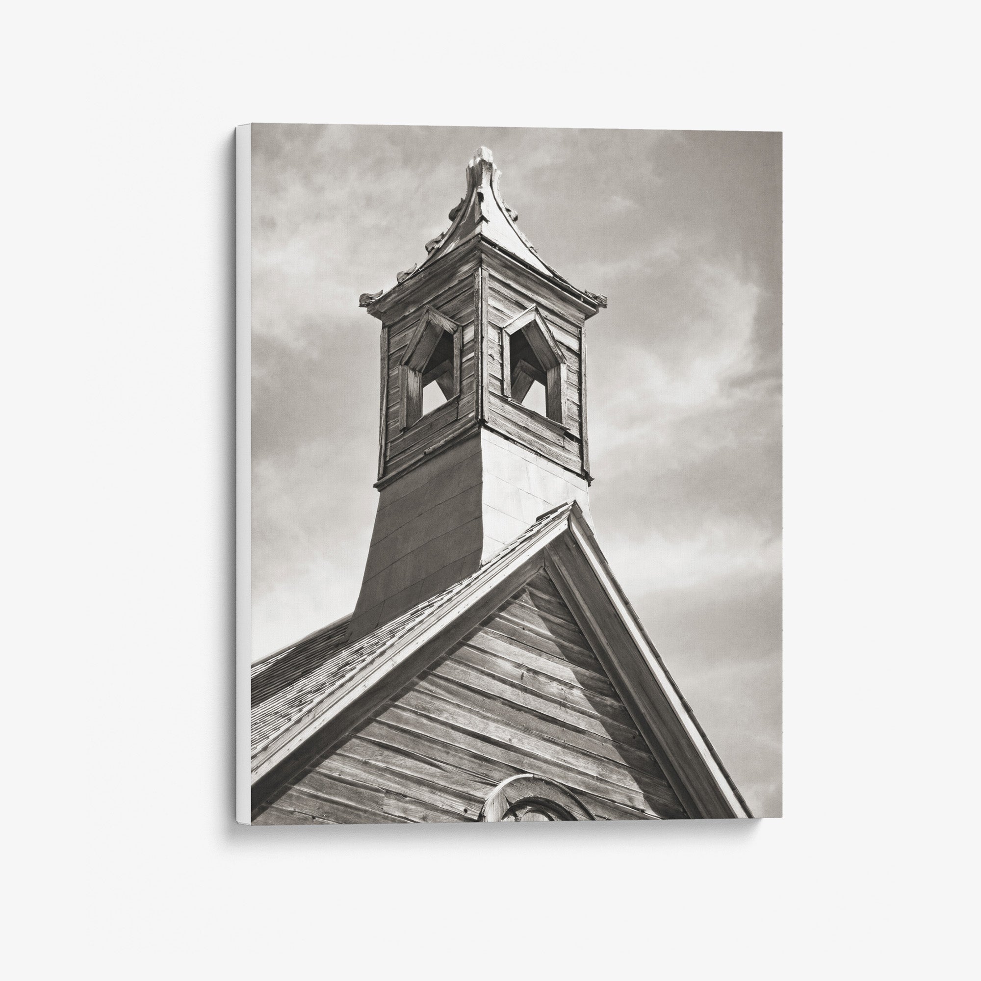 Rustic American West Farmhouse Canvas Art, 'Old Church Tower (Black & White)'