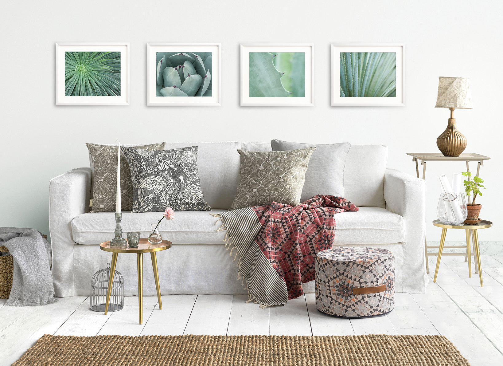 Picture of botanical framed prints on a wall behind a sofa