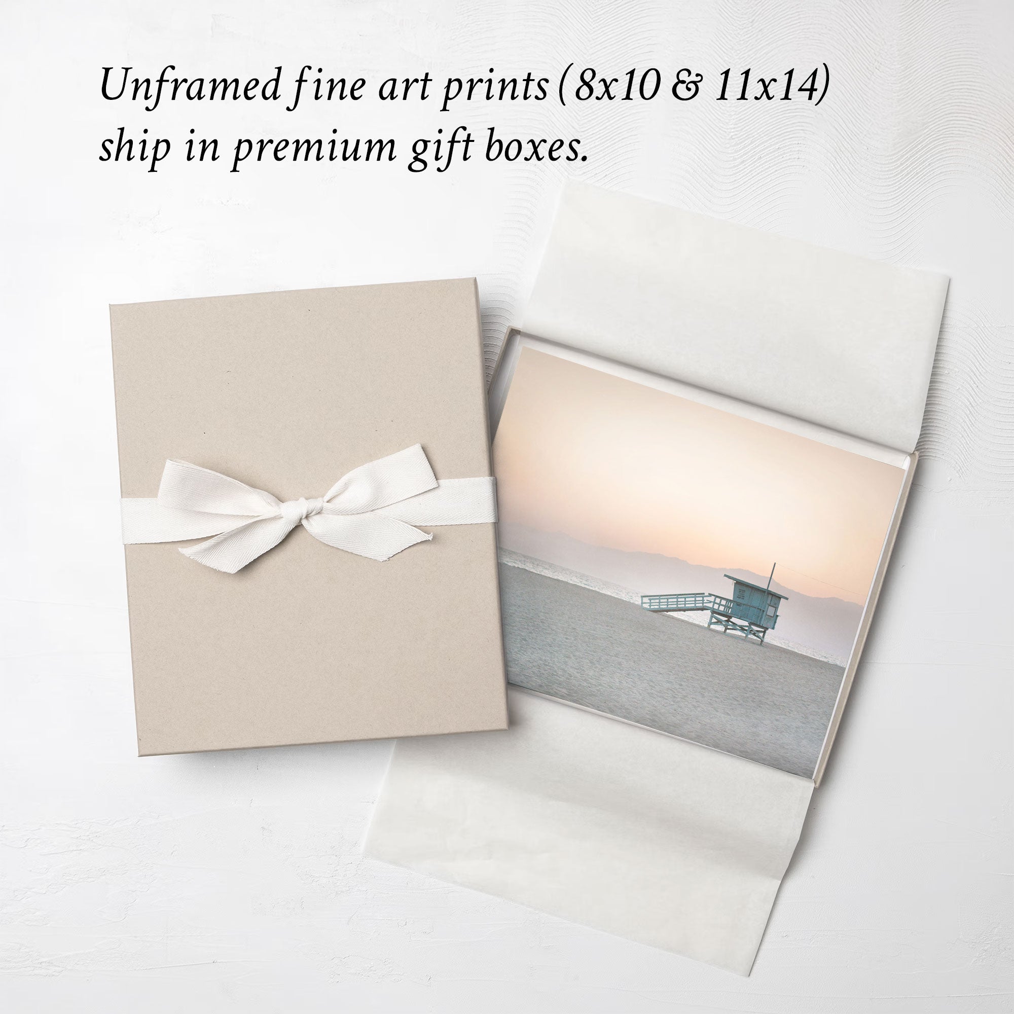 Unframed fine art print with a box featuring a white bow on a light gray background.