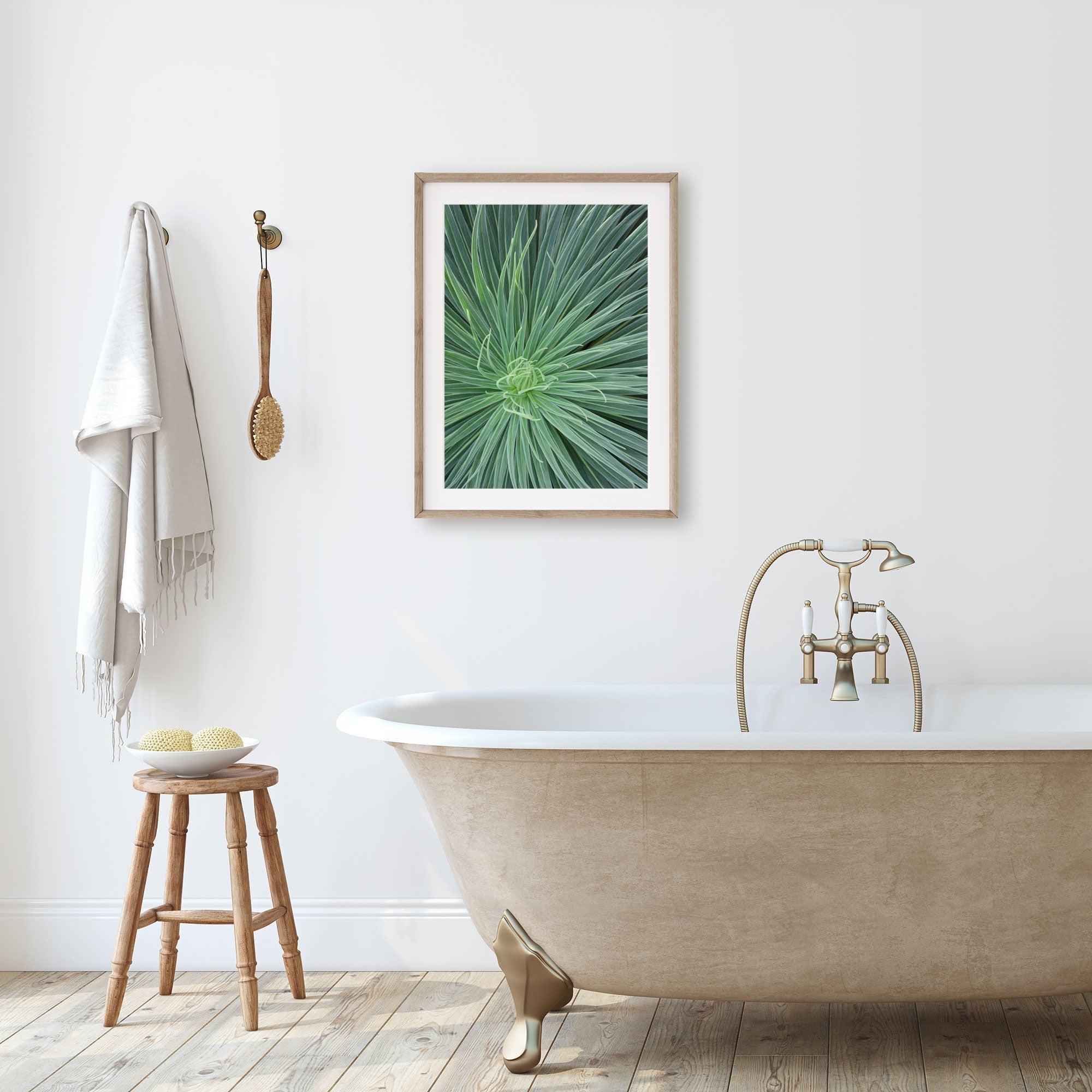 A serene bathroom featuring a freestanding clawfoot tub with a gold faucet, next to a wooden stool with bath accessories. A framed Green Botanical Wall Art &#39;Desert Fireworks II&#39;, printed on archival photographic paper, hangs on the wall by Offley Green.