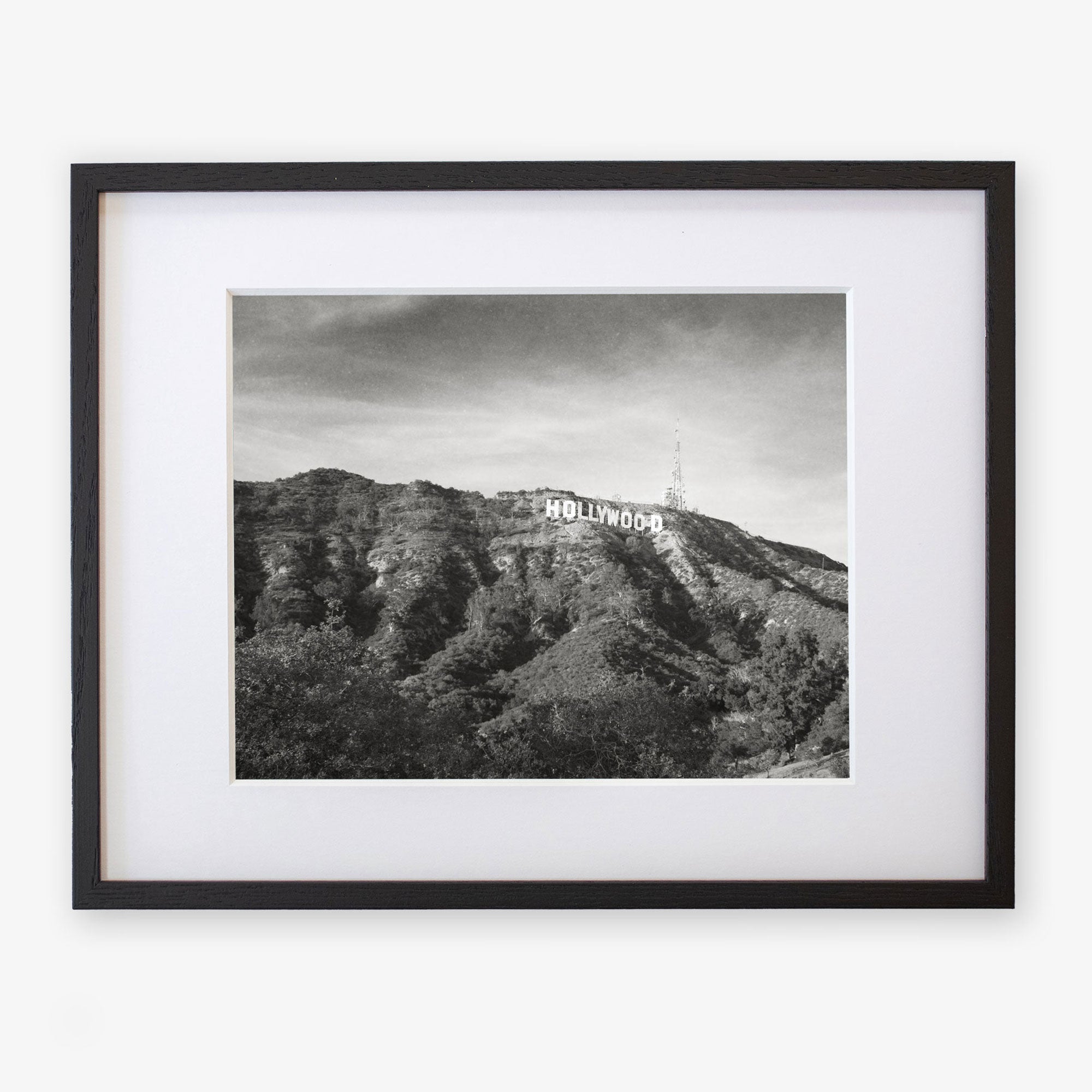 Offley Green&#39;s &#39;Old Hollywood&#39; Hollywood Sign Black and White Vintage Print, depicting the iconic Hollywood sign set on a hill, surrounded by lush vegetation, printed on archival photographic paper, with a clear sky in the background.