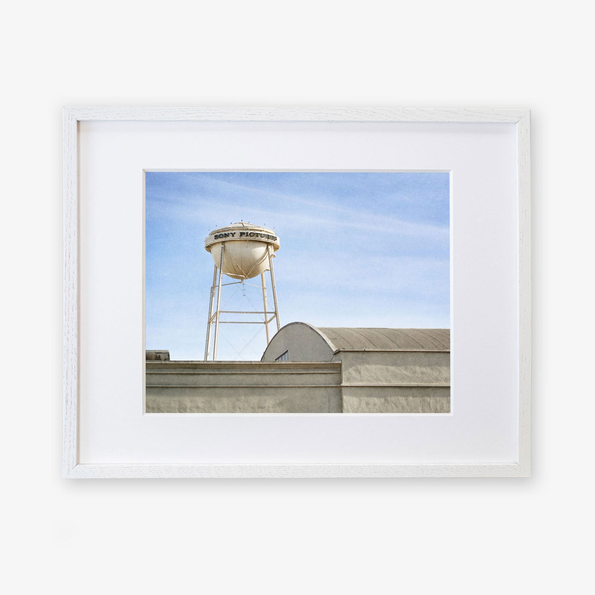 Unframed photograph of an old water tower reading &quot;port norris&quot; atop industrial buildings under a clear sky, Offley Green Los Angeles Sony Pictures Studio Print, &#39;Sony Lot&#39;.
