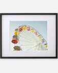 A framed photograph of a colorful Santa Monica Ferris Wheel Print, 'Ferris Above', printed on archival photographic paper, featuring brightly colored cabins in yellow, red, and orange against a clear sky. Brand: Offley Green.