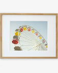 A framed photograph of a colorful Santa Monica Ferris Wheel Print, 'Ferris Above', at Santa Monica Pier, set against a clear sky, viewed from below. The frame is wooden and simple, emphasizing the vivid colors of the ride by Offley Green.