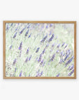 A framed photograph of a Floral Purple Print, 'Lavender for LaLa' by Offley Green, with vibrant purple and green hues standing out against a pale background, printed on archival photographic paper and mounted on a white wall.
