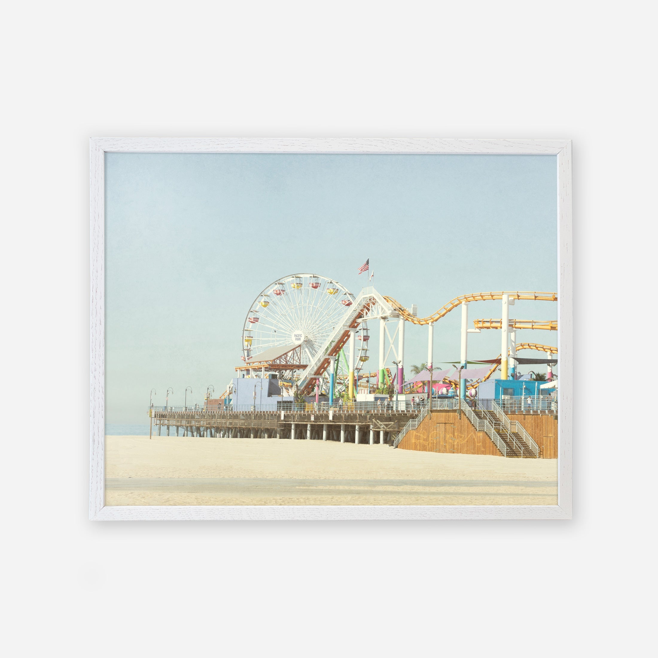 Vintage-style image on archival photographic paper of Santa Monica Pier featuring a ferris wheel and roller coaster on a pier, under a clear sky - Offley Green California Print, &#39;Santa Monica Pier&#39;
