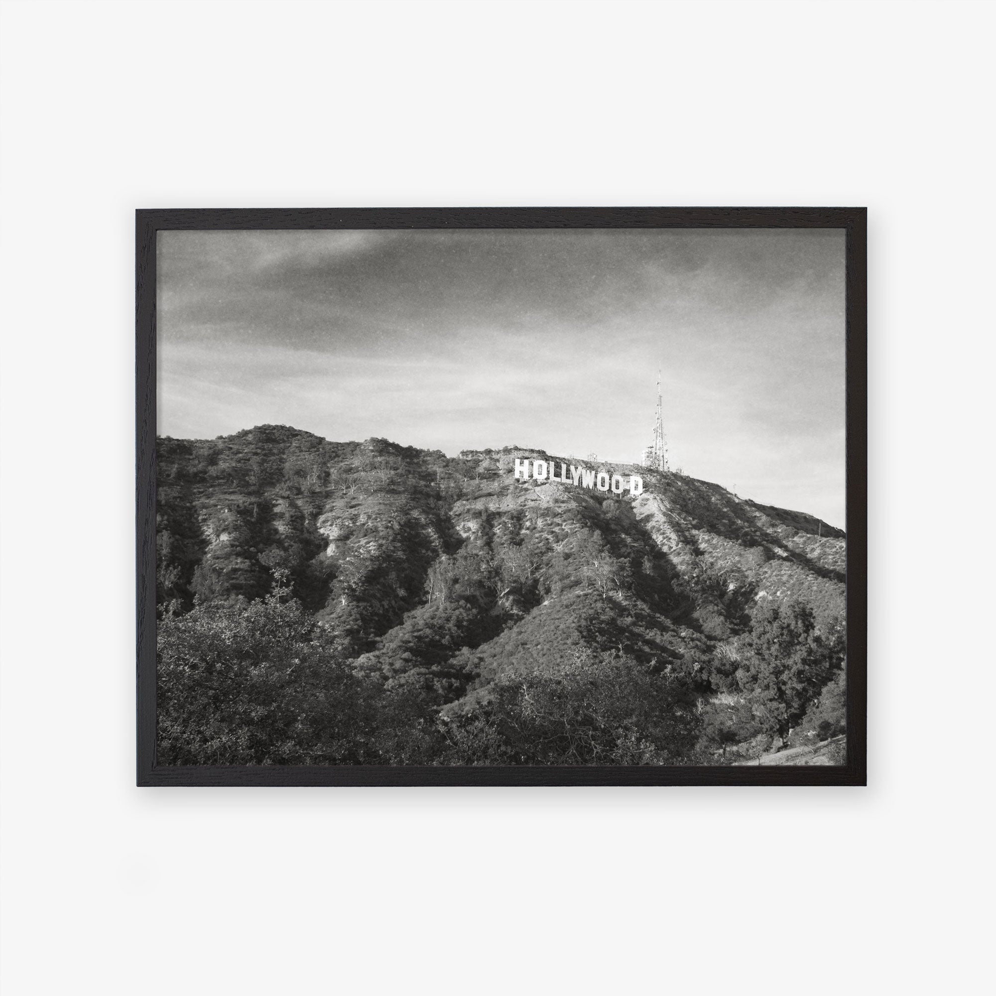Offley Green&#39;s Hollywood Sign Black and White Vintage Print, &#39;Old Hollywood&#39; printed on archival photographic paper features the iconic sign on a hill with sparse vegetation under a clear sky.