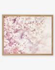 A framed wall art featuring the Pink Floral Print, 'Dreamy Blossom' by Offley Green, with delicate shabby pink cherry blossoms in full bloom, with a soft-focus background, adding a serene and spring-like feel to the décor.