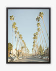 Framed photograph of a sunny street lined with tall palm trees on Sunset Boulevard, cars parked along the roadside, clear blue sky in the background: Offley Green's Los Angeles Palm Tree Lined Street 'Sunset Boulevard Dreams'.